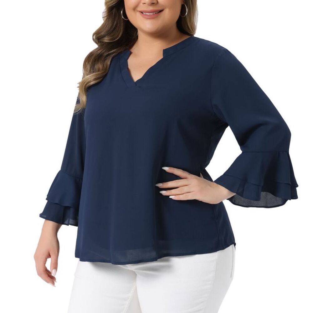 Plus Size 3/4 Bell Sleeve Double Layered Chiffon Work Tunic Shirt Navy Blue